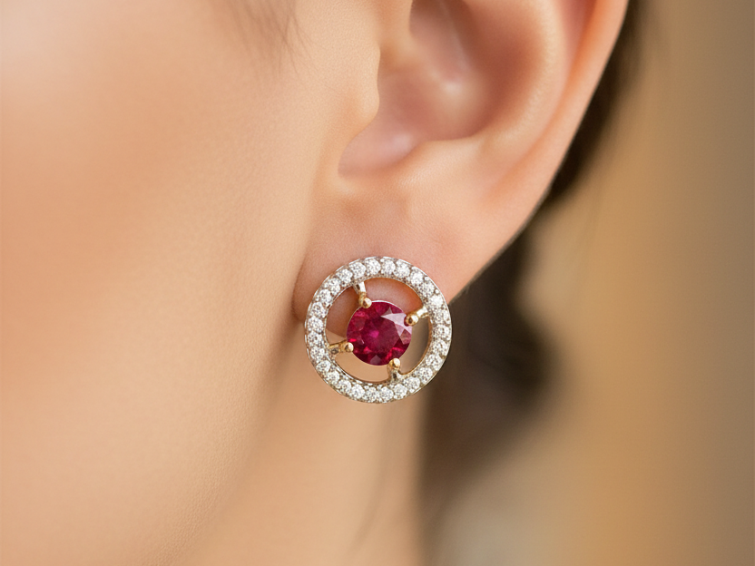 9 CT Yellow Gold Ruby & White Cz Earring.