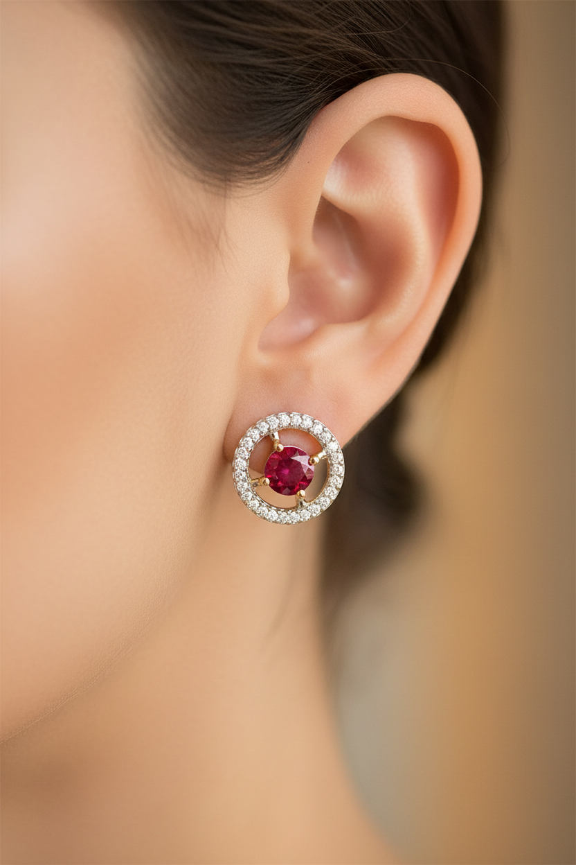 9 CT Yellow Gold Ruby & White Cz Earring.