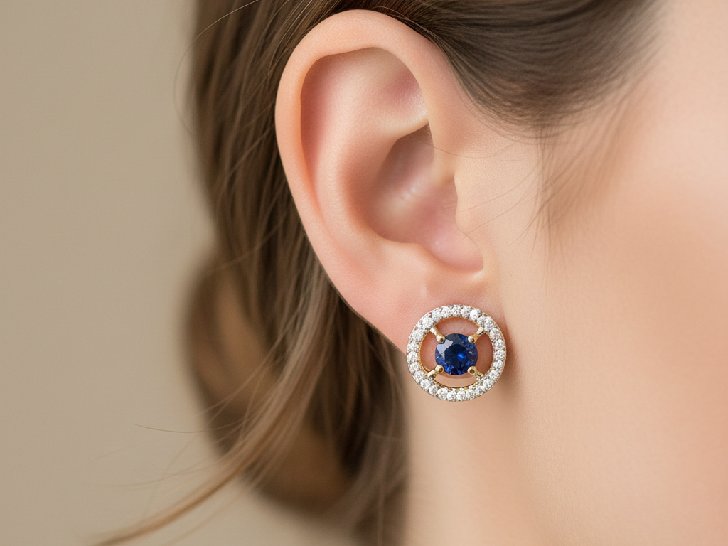 9 CT Yellow Gold Sapphire & White Cz Earring.
