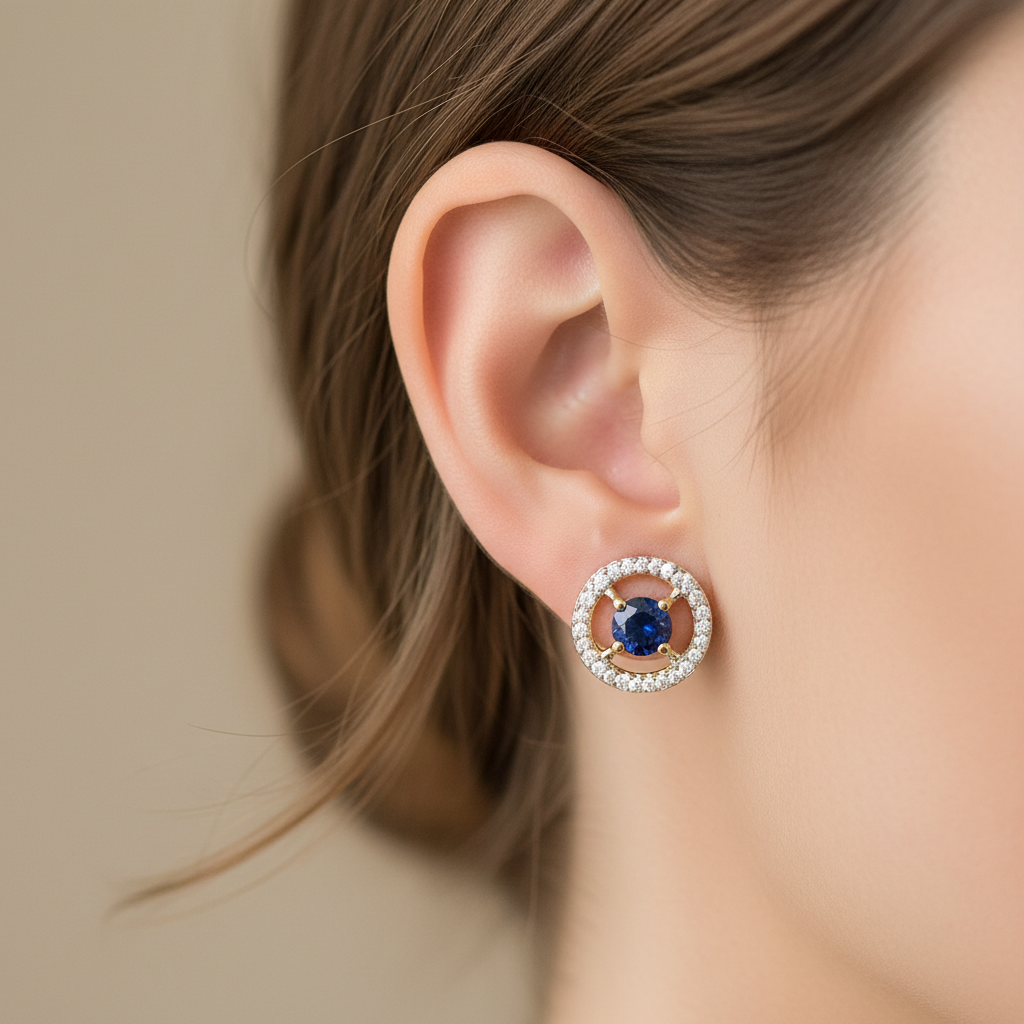 9 CT Yellow Gold Sapphire & White Cz Earring.