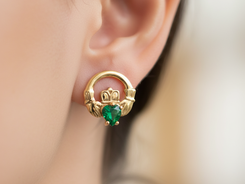 9 CT Yellow Gold Emerald Green Stone Earring