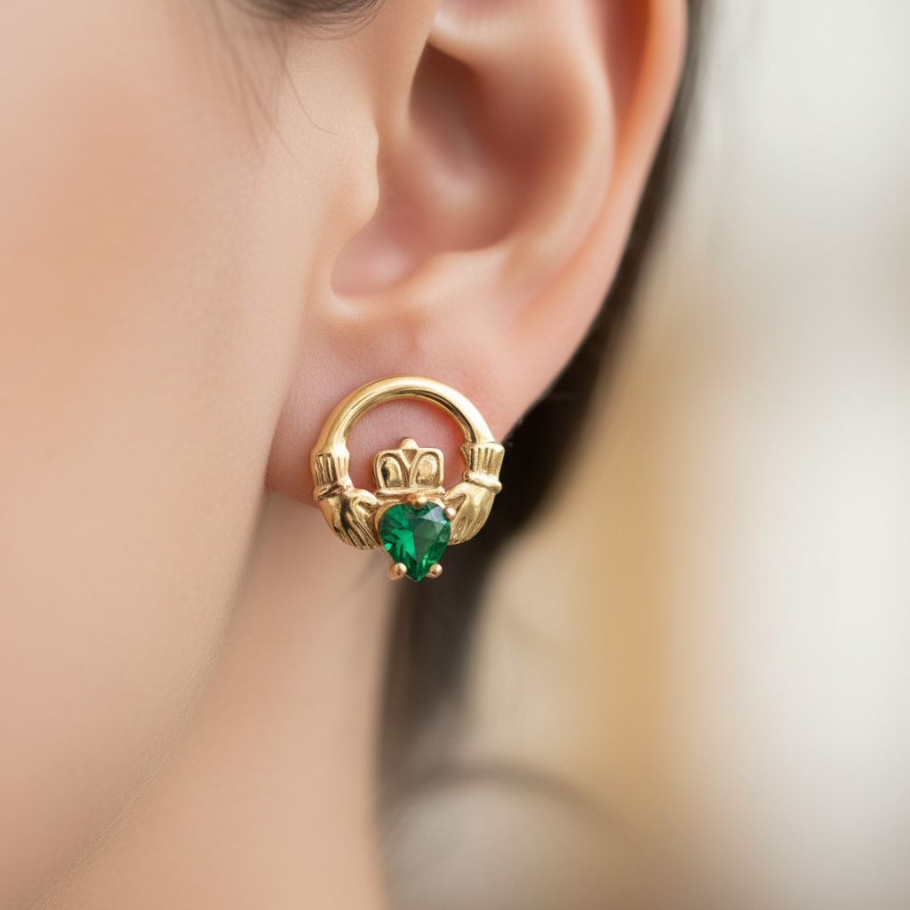 9 CT Yellow Gold Emerald Green Stone Earring