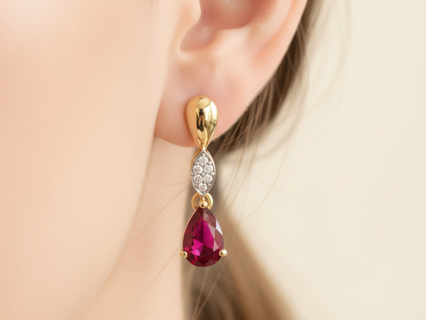 9 CT Yellow Gold Ruby Cz Earring.