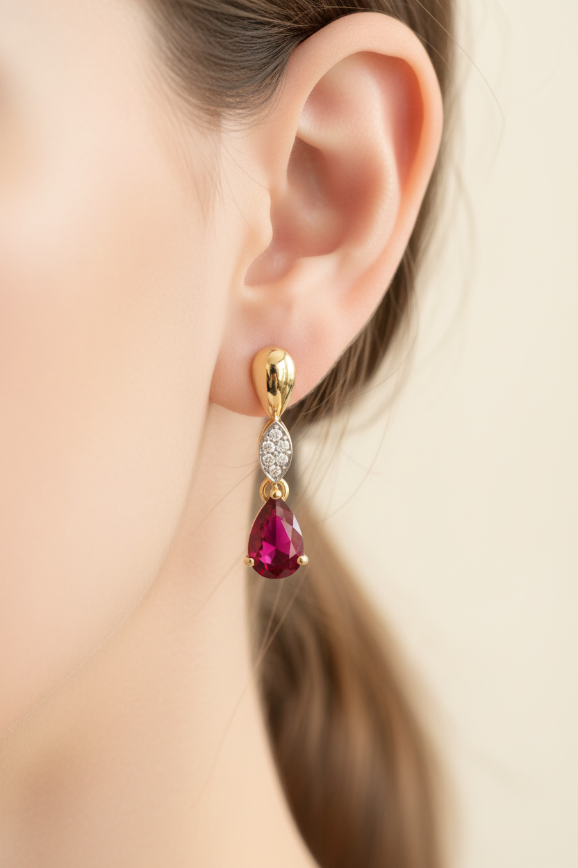 9 CT Yellow Gold Ruby Cz Earring.