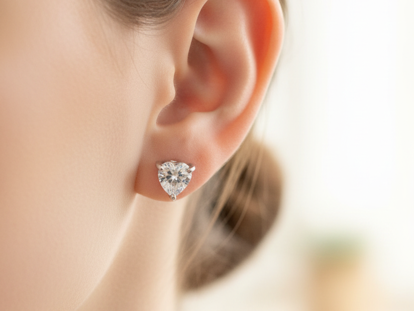 White Cz Silver 6mm Heart Claw Set Earring Boxed.