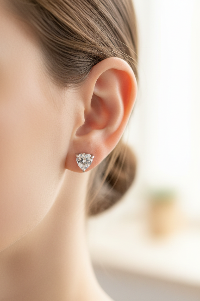 White Cz Silver 6mm Heart Claw Set Earring Boxed.