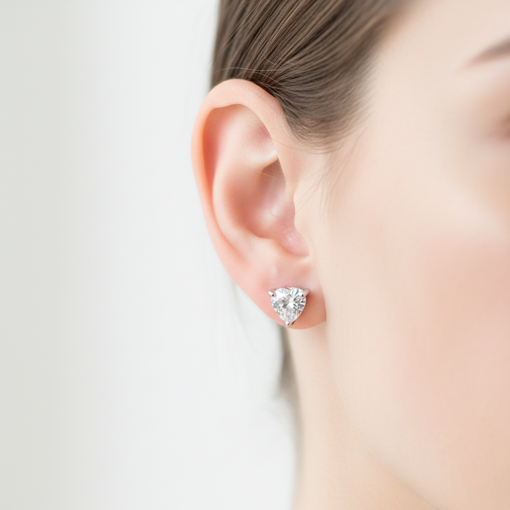 White Cz Silver 4mm Heart Claw Set Earring Boxed.