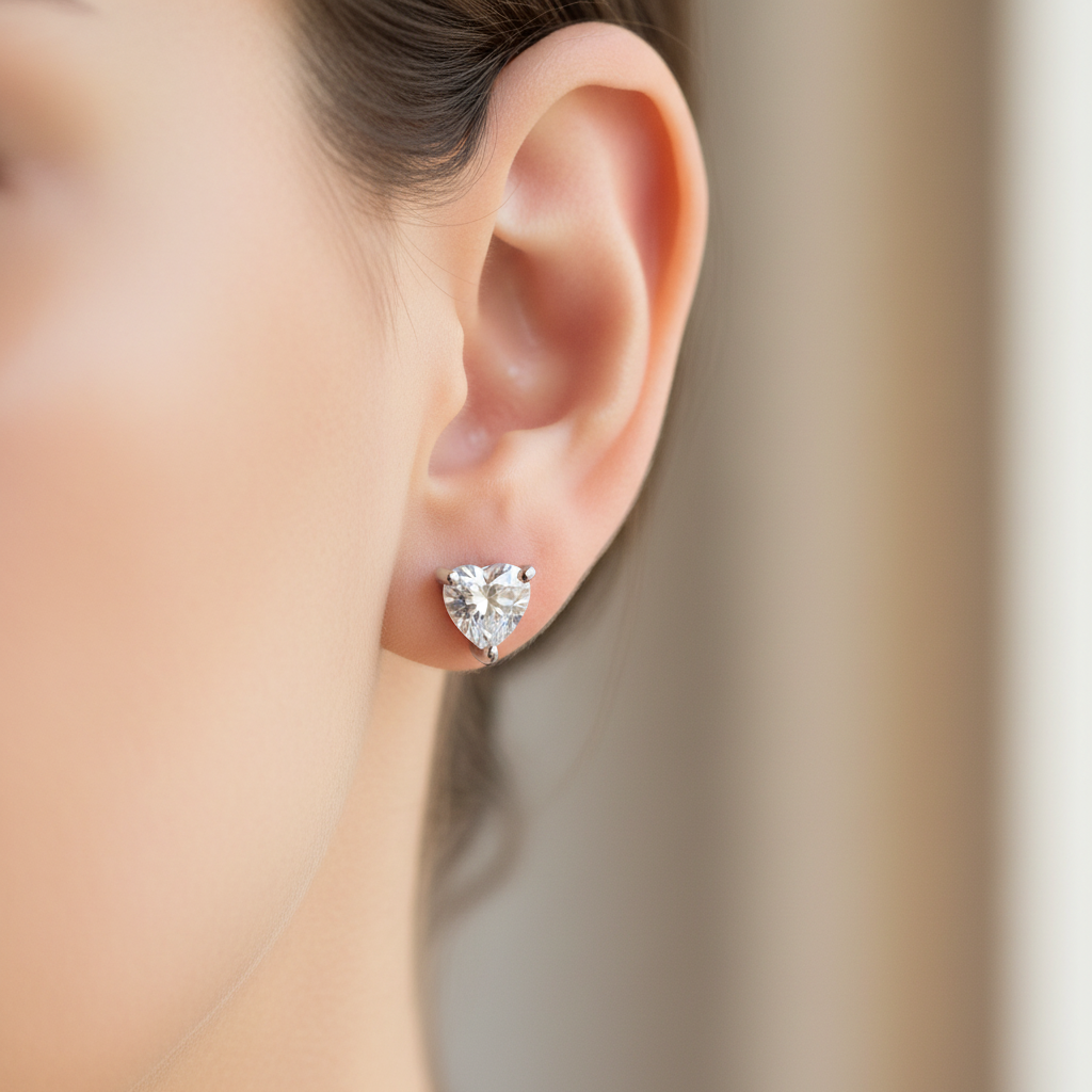 White Cz Silver 5mm Heart Claw Set Earring Boxed.