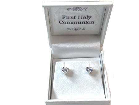 White Cz Silver 5mm Heart Claw Set Earring Boxed.