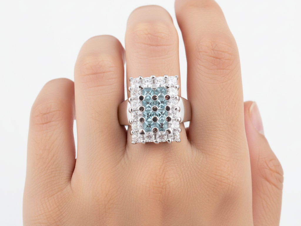 Aquamarine & White Cubic Zirconia Ring