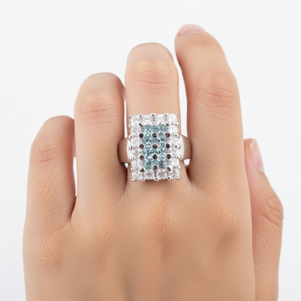 Aquamarine & White Cubic Zirconia Ring