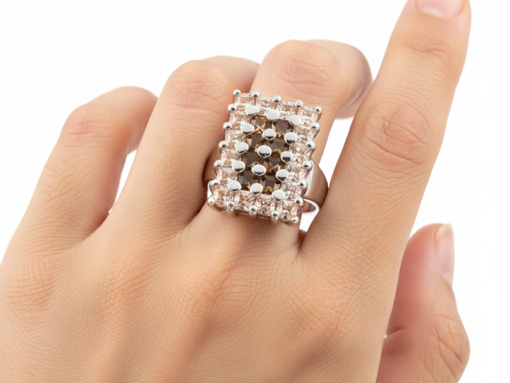 Champagne/Smokey Quartz & White Cubic Zirconia Ring