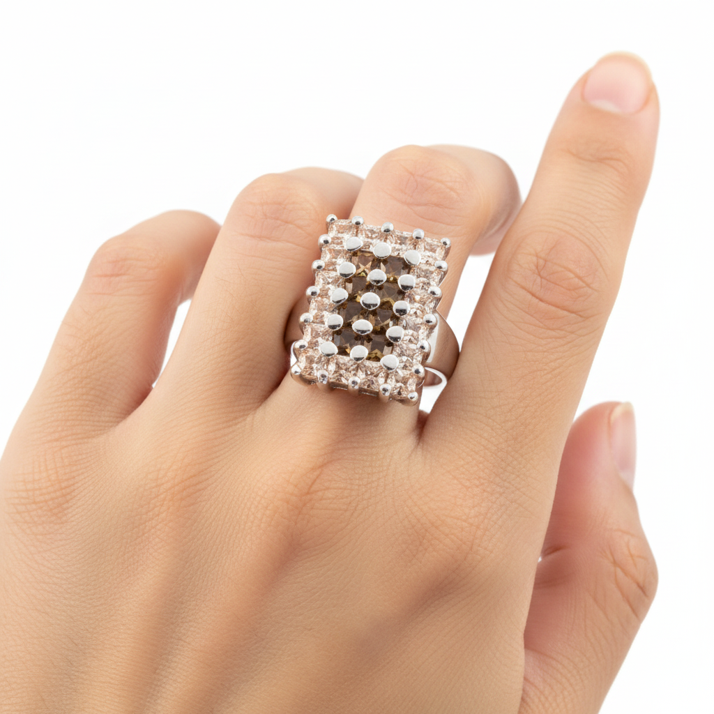 Champagne/Smokey Quartz & White Cubic Zirconia Ring