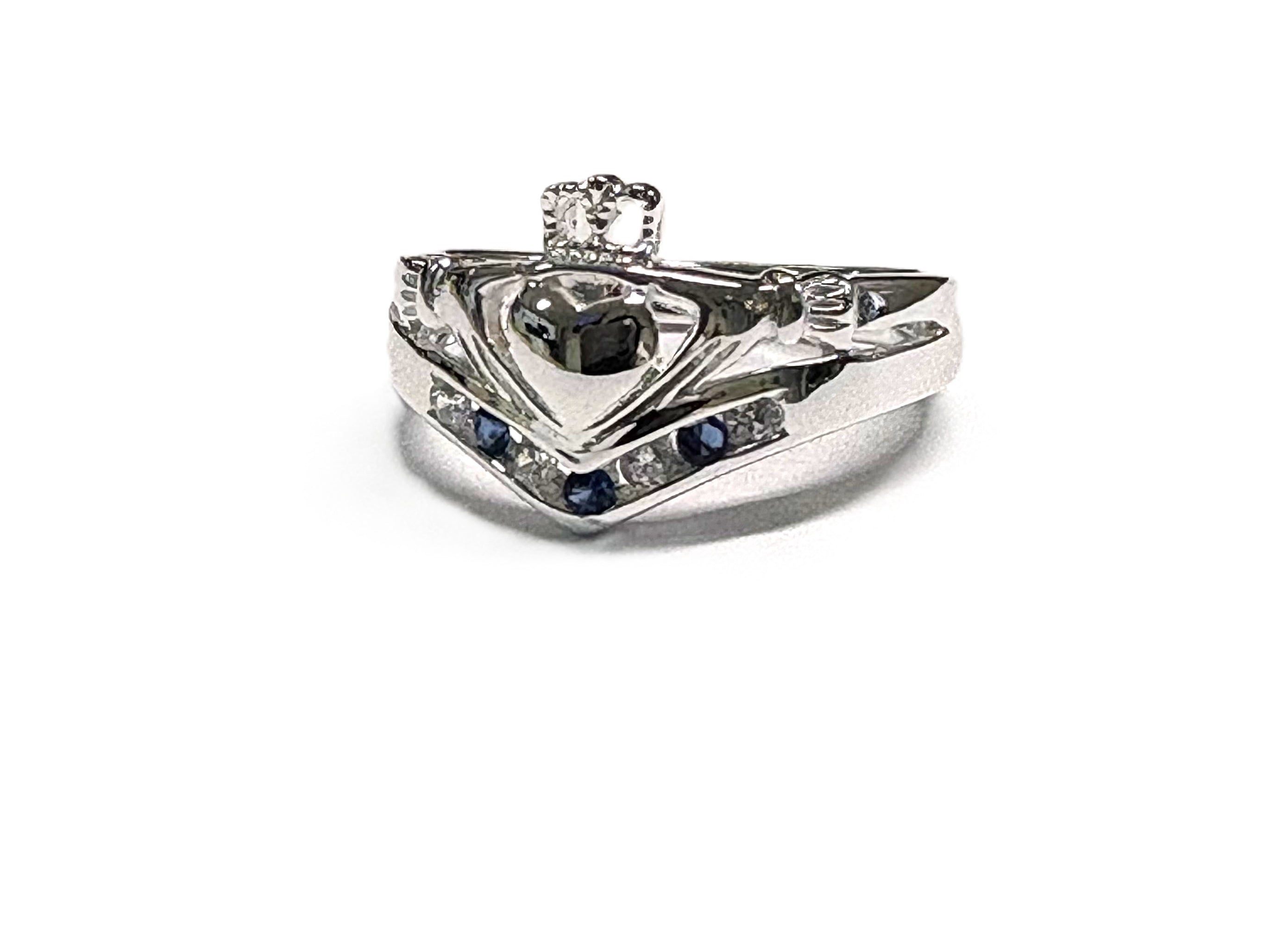 Wishbone Claddagh Ring with Sapphire and White Cubic Zirconia Stone
