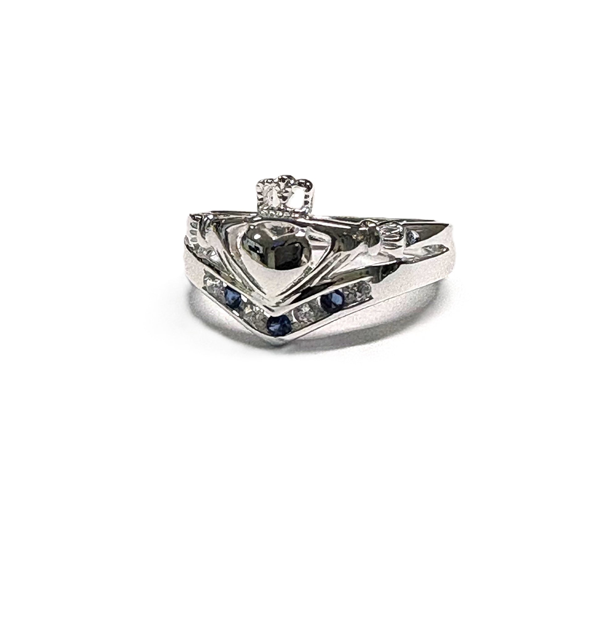 Wishbone Claddagh Ring with Sapphire and White Cubic Zirconia Stone