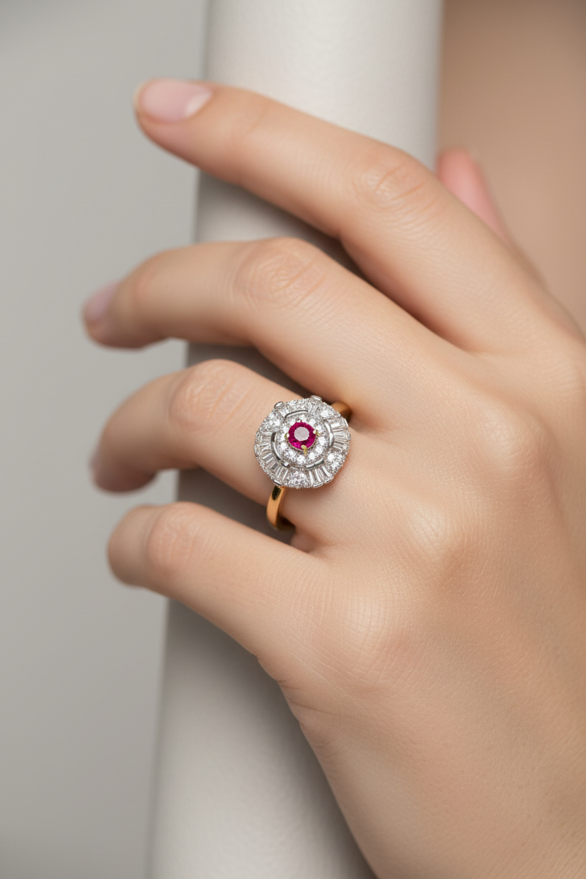 9ct Yellow Gold Ruby Cz Ring.