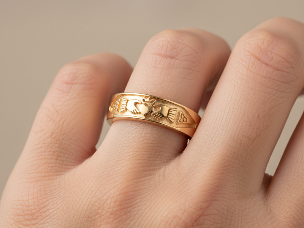 9 CT Yellow Gold Claddagh 6mm Wedding Band Ring