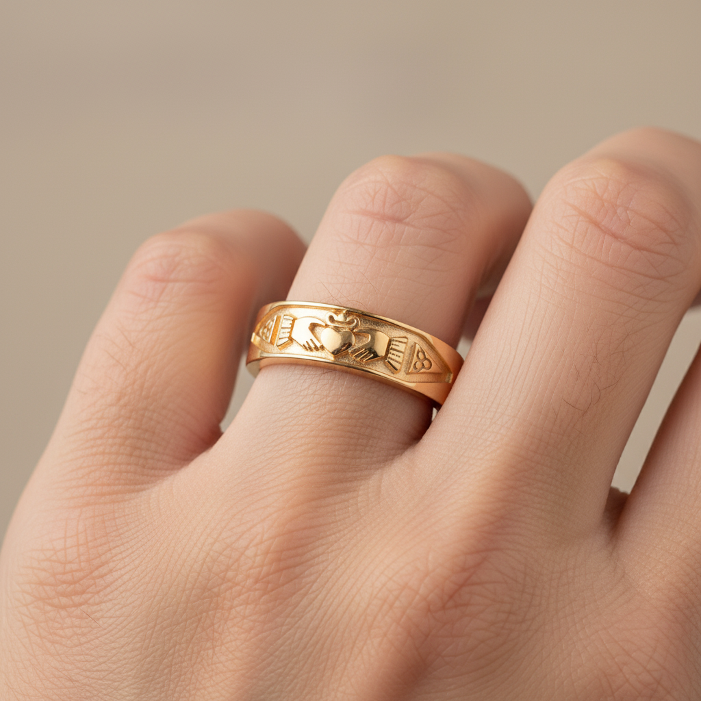 9 CT Yellow Gold Claddagh 6mm Wedding Band Ring
