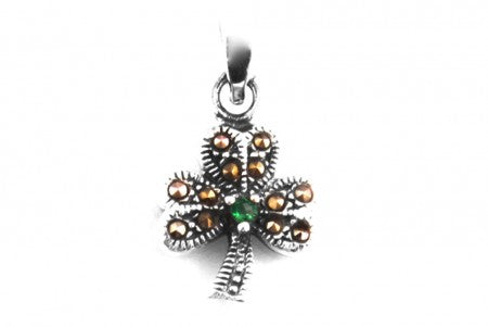Silver Shamrock Marcasite Pendant With Emerald Cubic Zirconia Stones