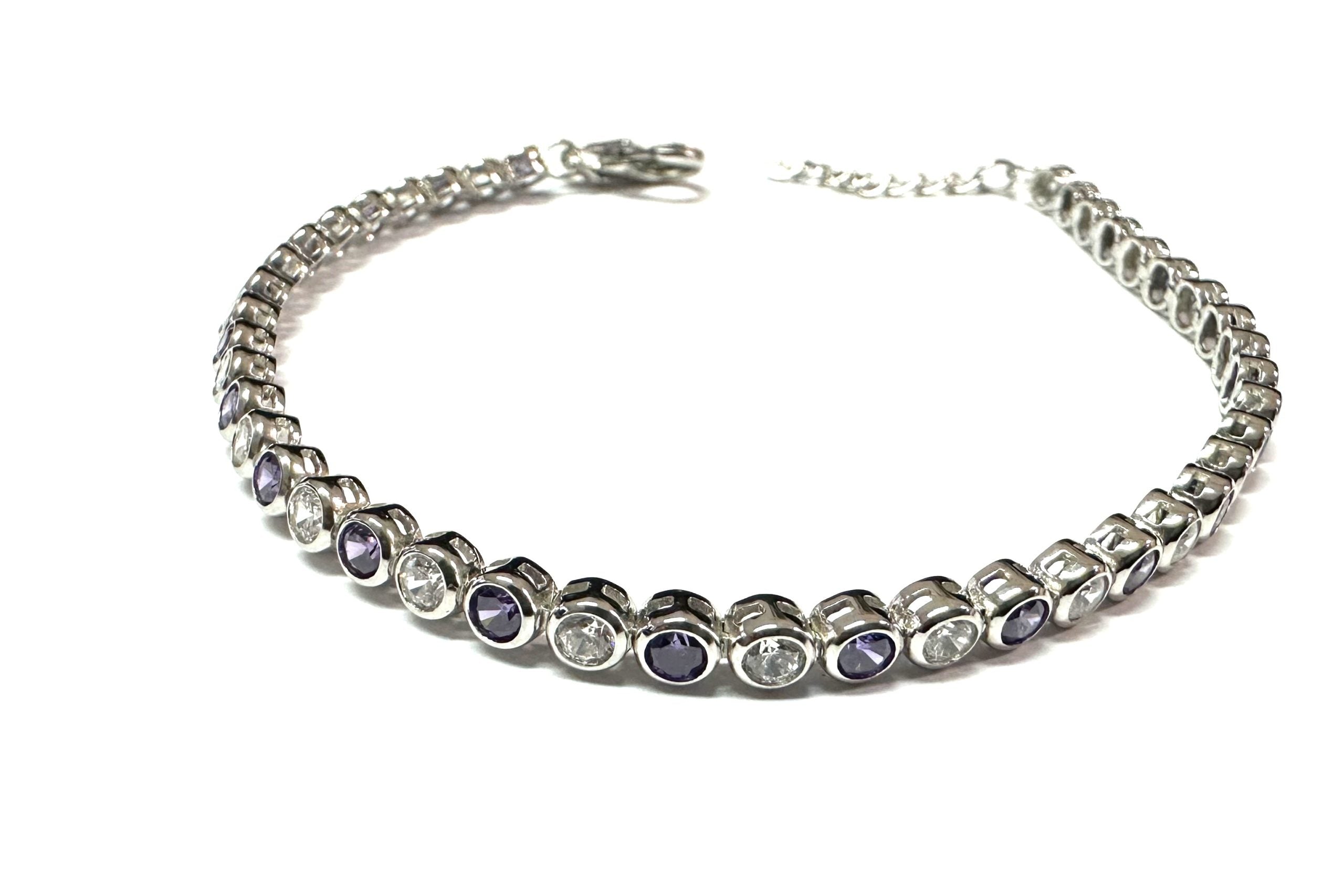 A Amethyst & White Cubic Zirconia Rubover Setting Tennis Silver 3 mm stone Bracelet
