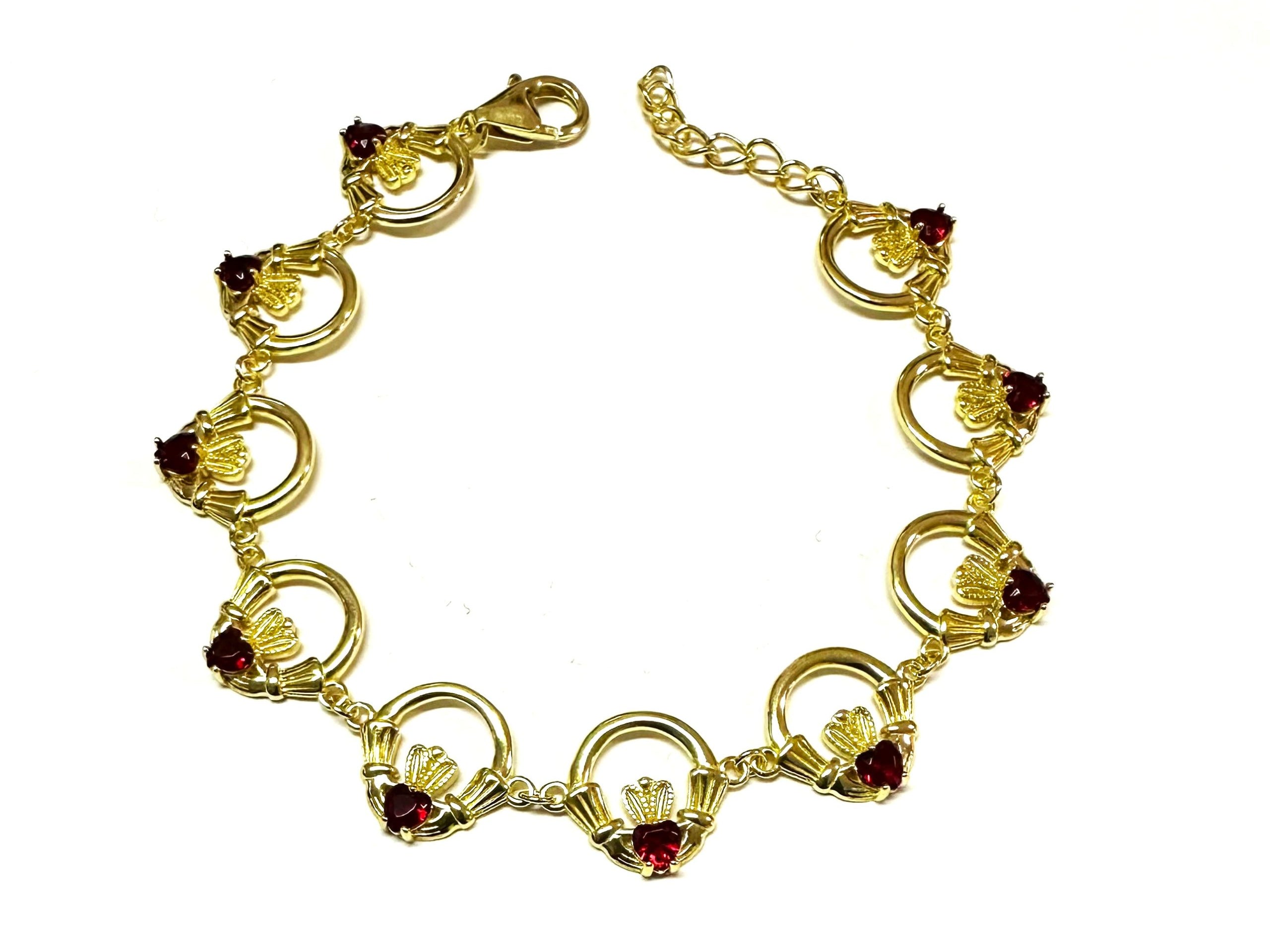Claddagh Yellow Plated Ruby Cz Stone Silver Bracelet