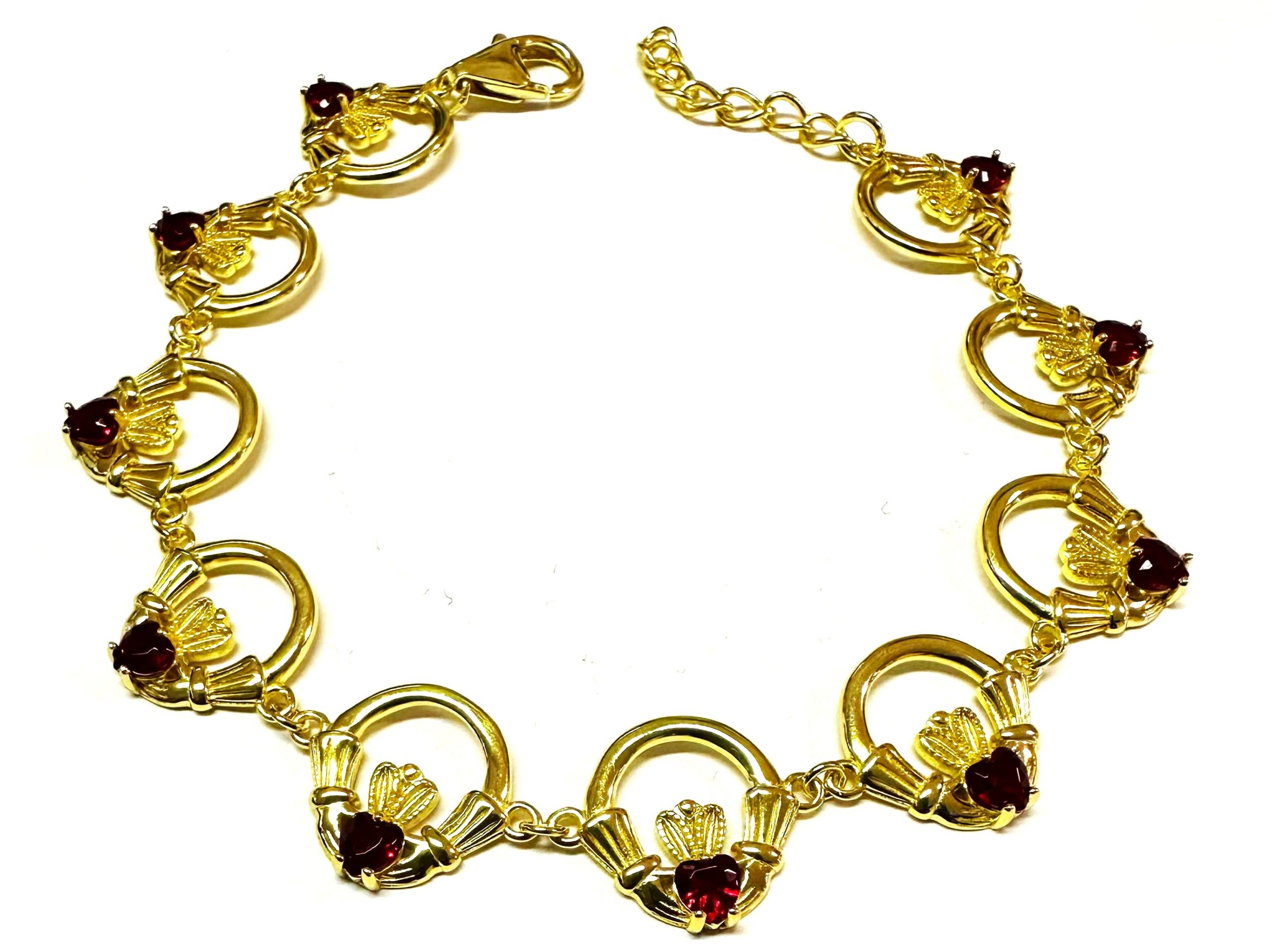 Claddagh Yellow Plated Garnet Cz Stone Silver Bracelet
