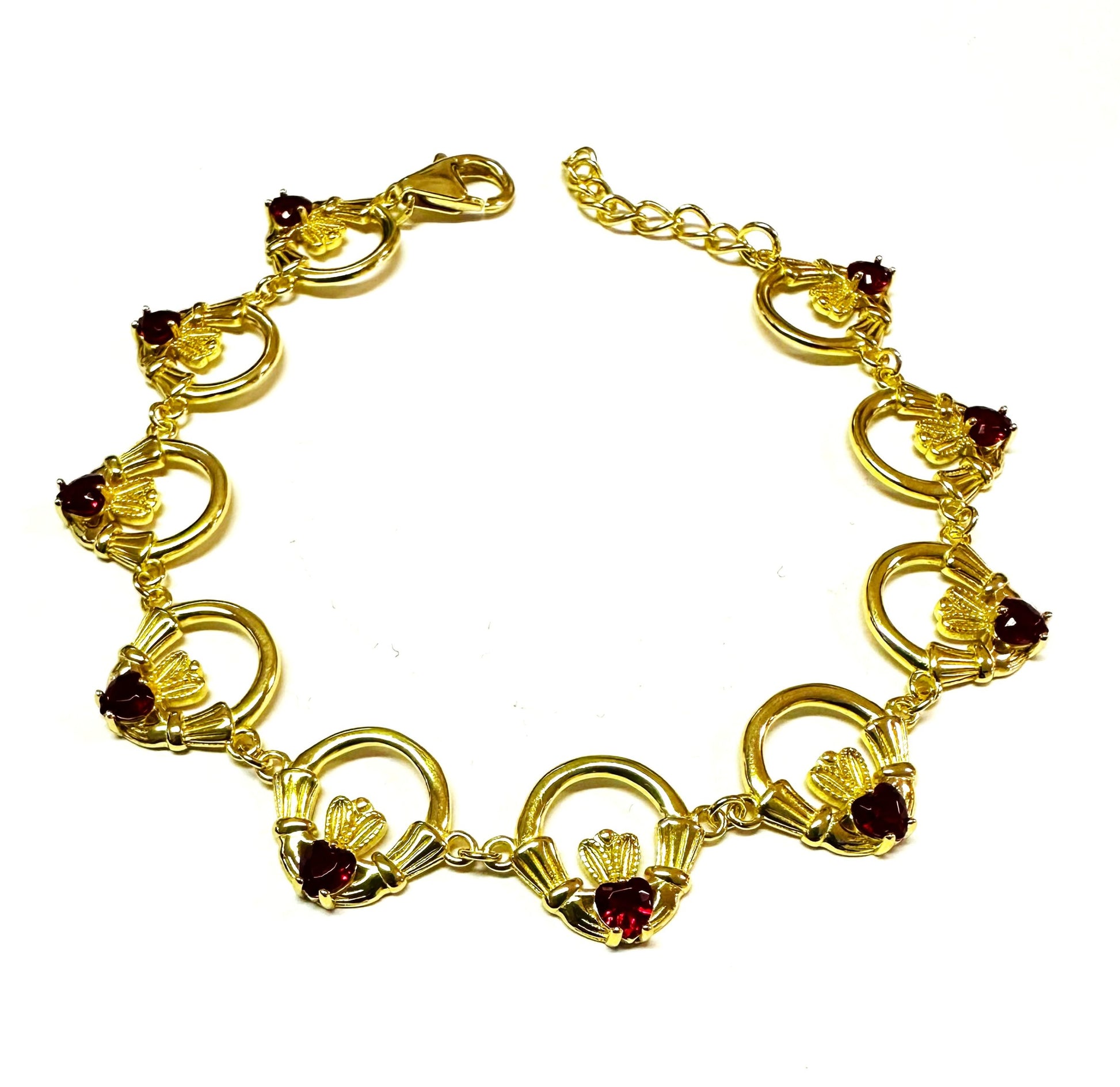 Claddagh Yellow Plated Garnet Cz Stone Silver Bracelet