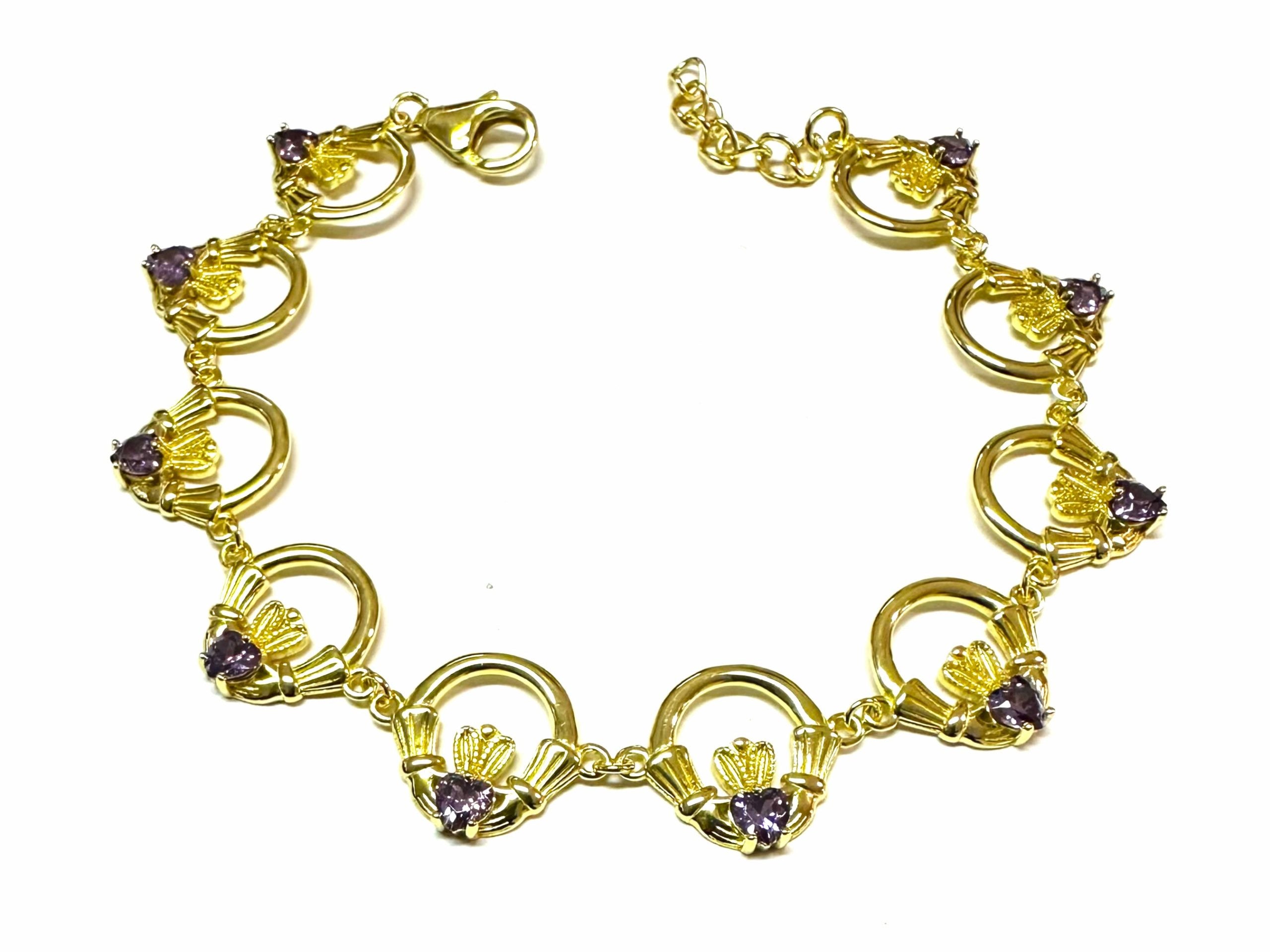 Claddagh Yellow Plated Amethyst Cz Stone Silver  Bracelet