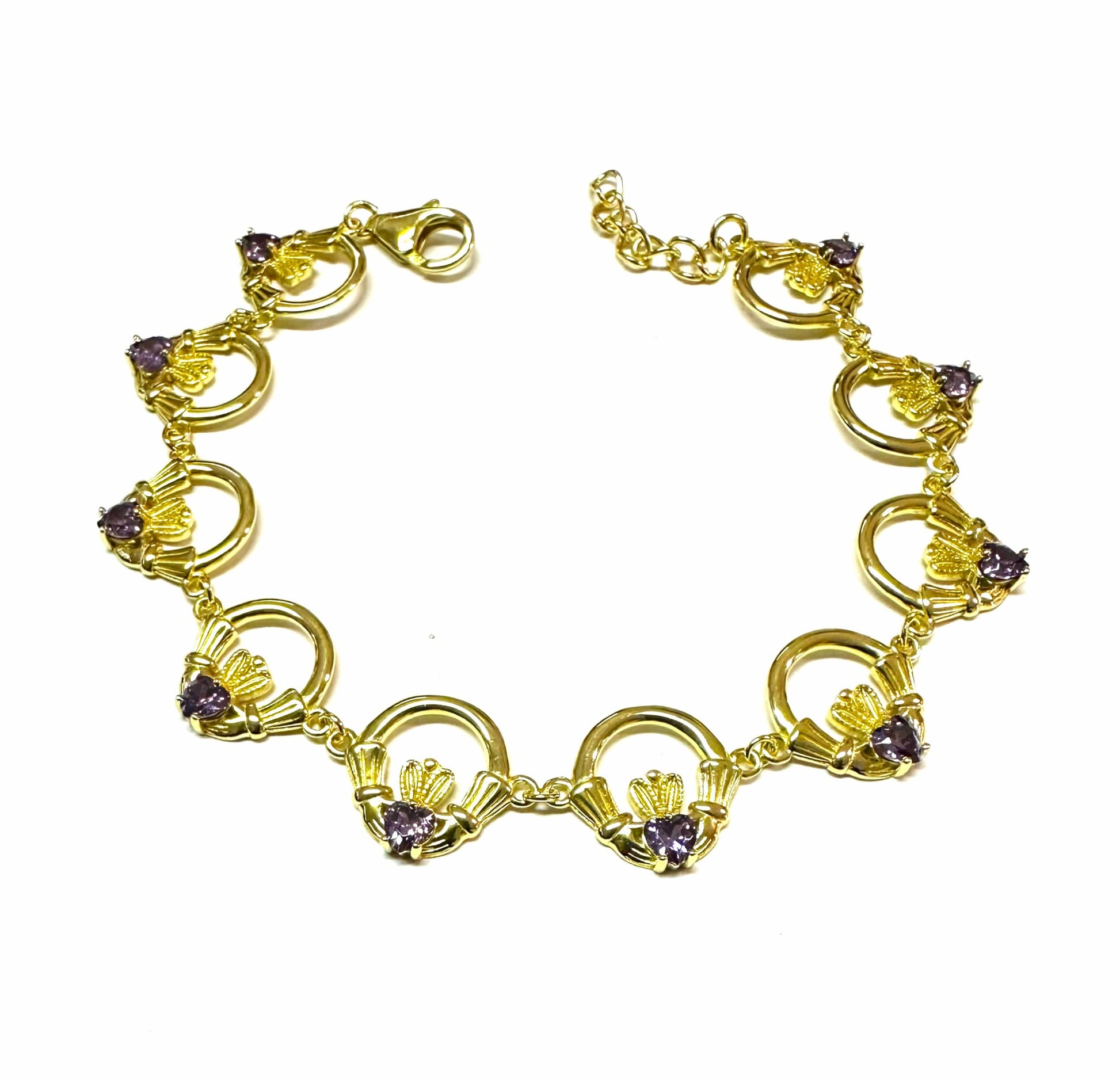 Claddagh Yellow Plated Amethyst Cz Stone Silver  Bracelet