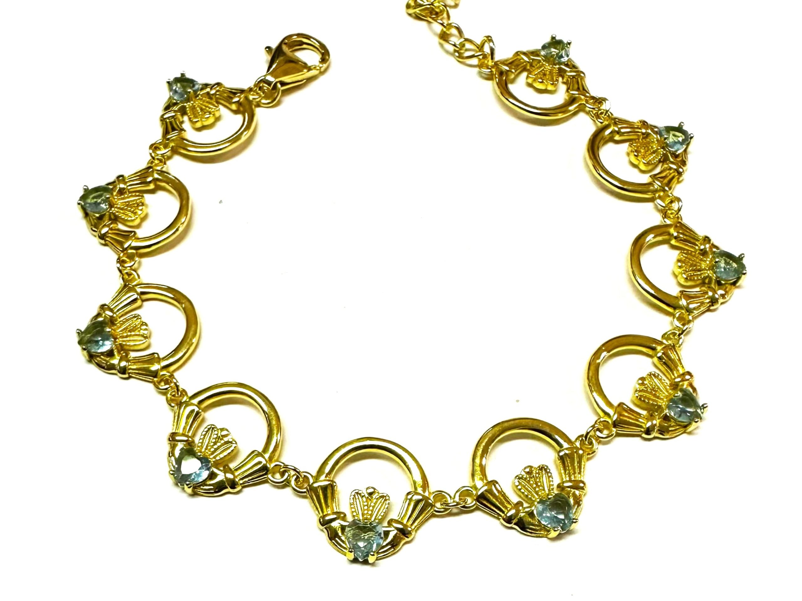 Claddagh Yellow Plated Aquamarine Cz Stone Silver Bracelet