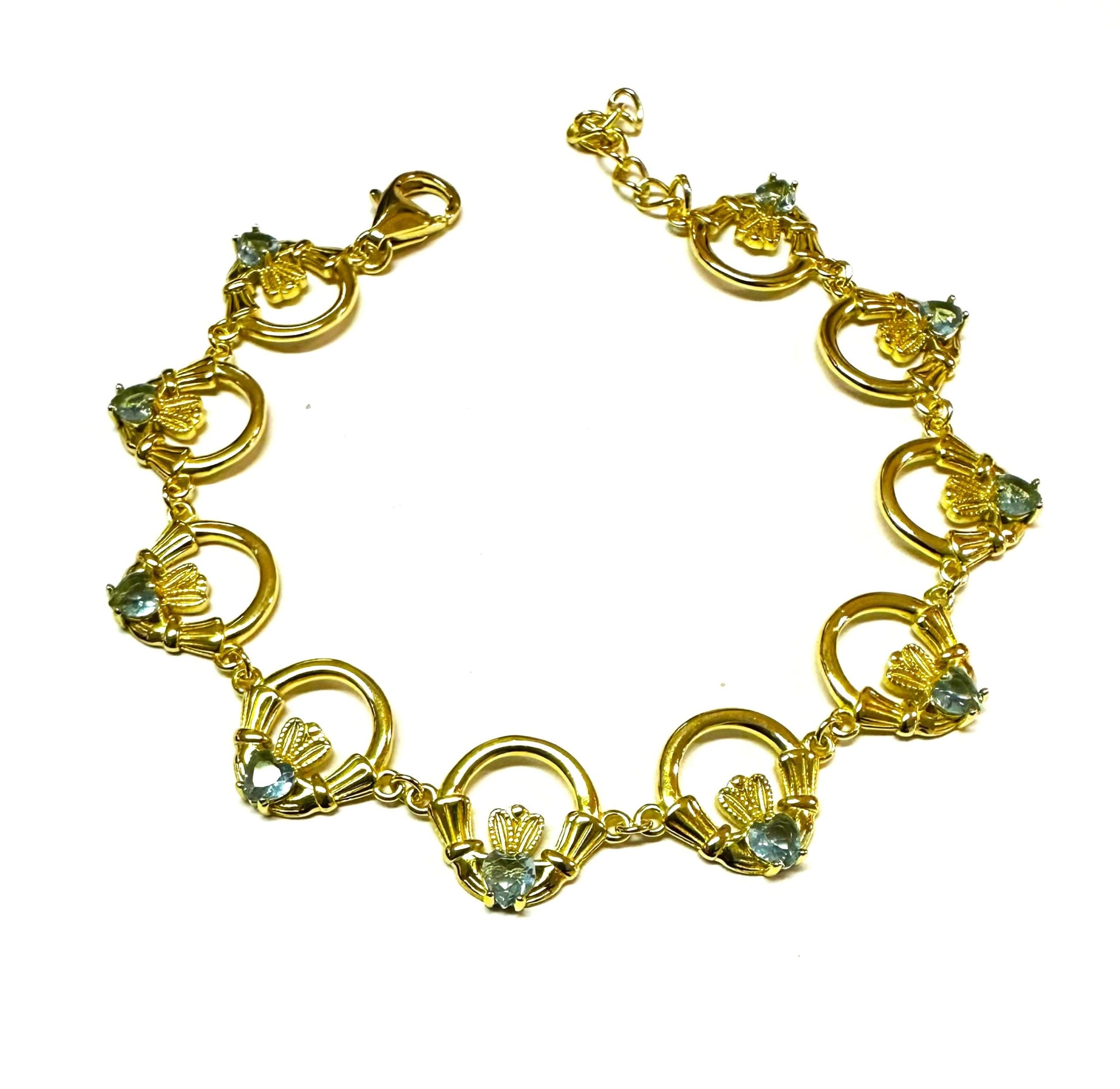 Claddagh Yellow Plated Aquamarine Cz Stone Silver Bracelet
