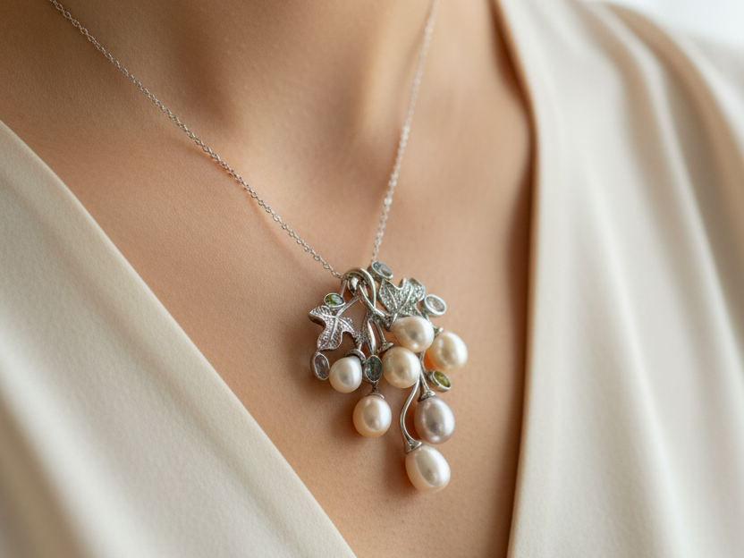 Pearl Pendant with Aquamarine and Peridot stones