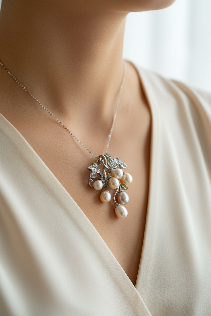 Pearl Pendant with Aquamarine and Peridot stones