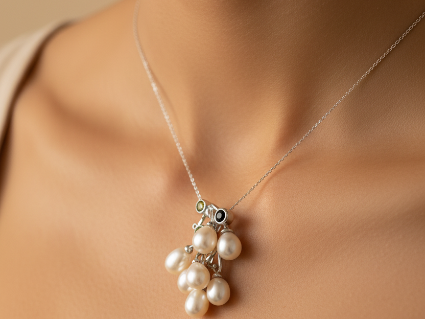 Pearl Pendant with Aquamarine,Peridot & Onyx stones