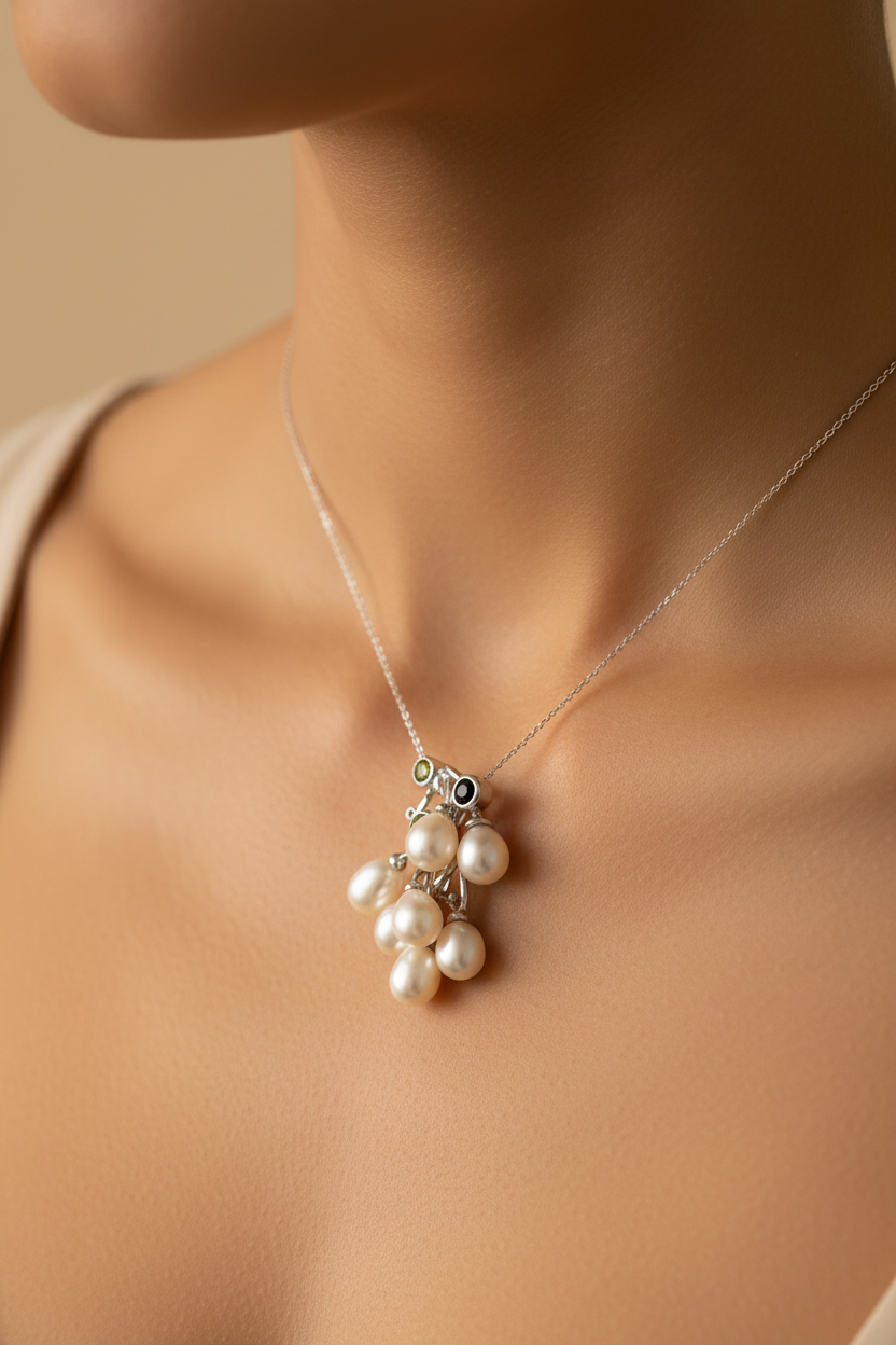 Pearl Pendant with Aquamarine,Peridot & Onyx stones