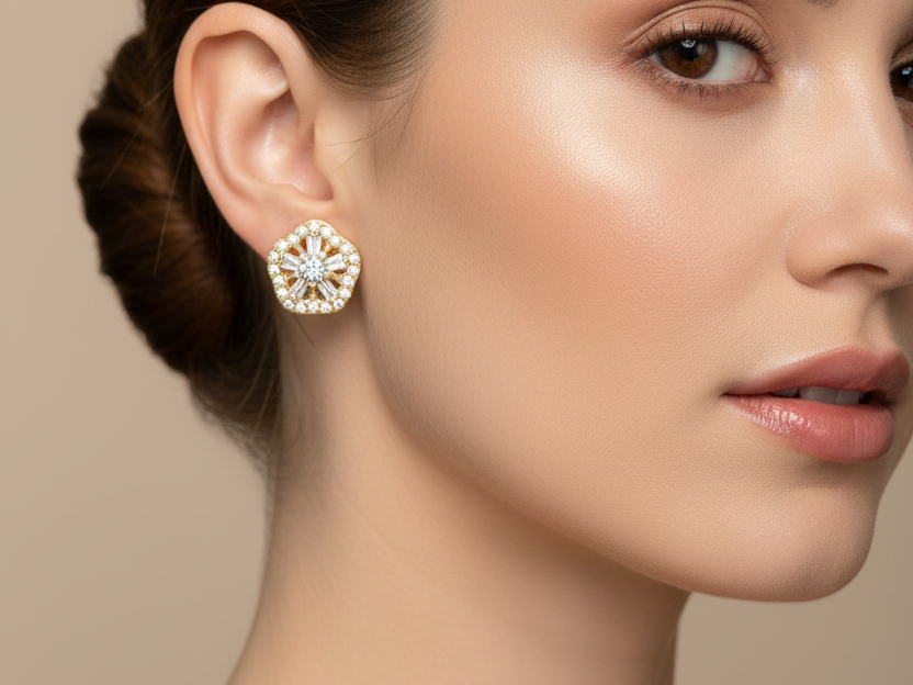 Gold Plated White Cz Silver Earring