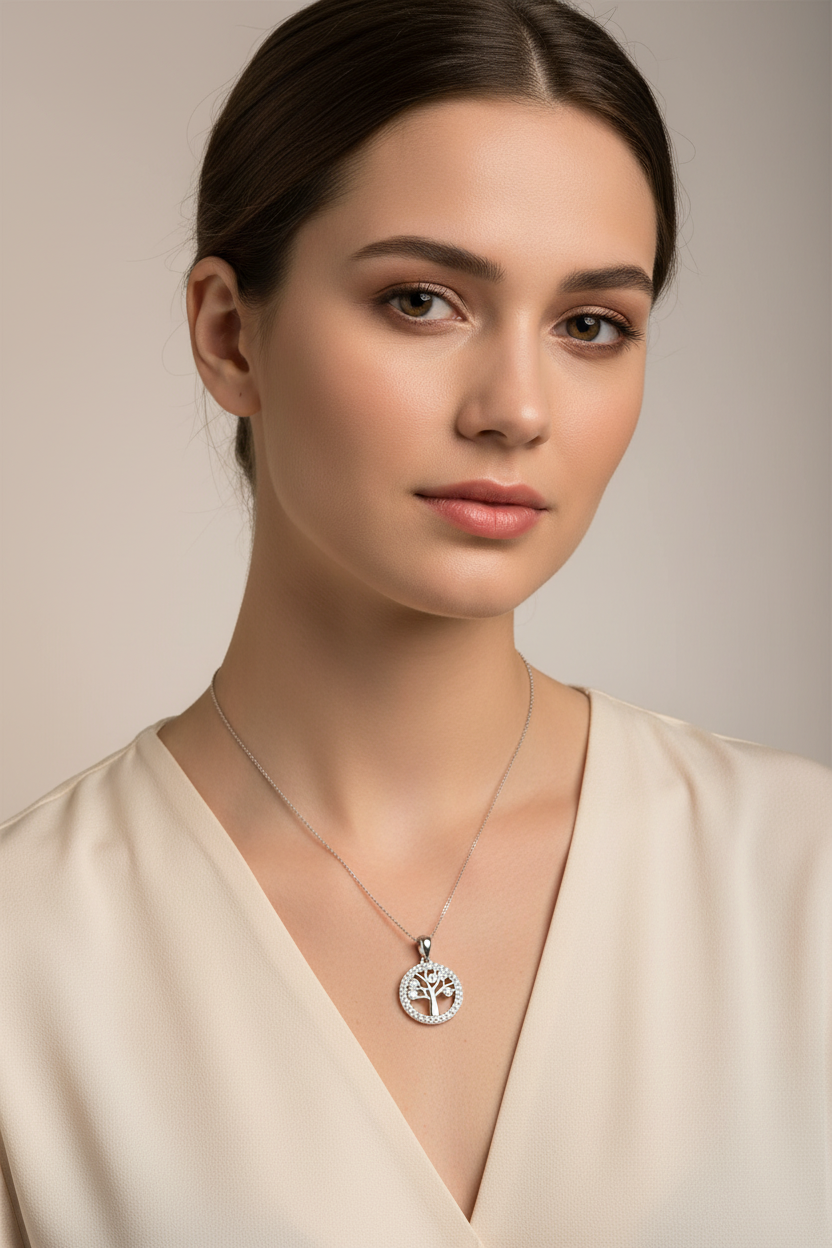 Silver Cz Stone Tree Of Life Pendant