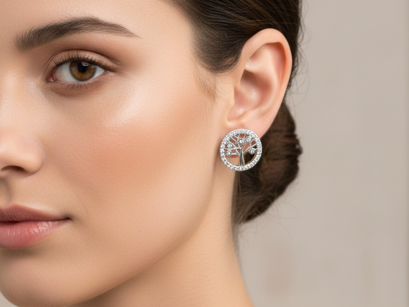 Silver Cz Stone Tree Of Life Earring