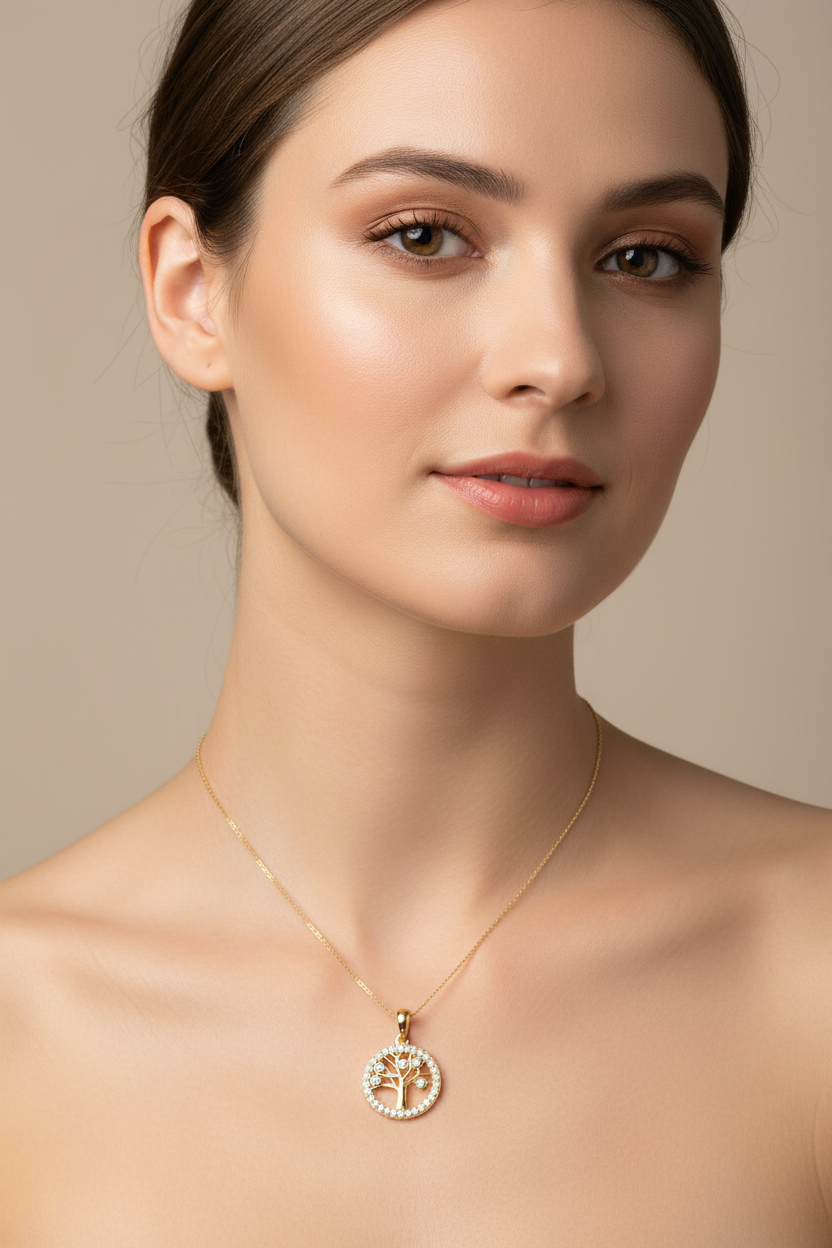 Gold Plated Silver Cz Stone Tree Of Life Pendant