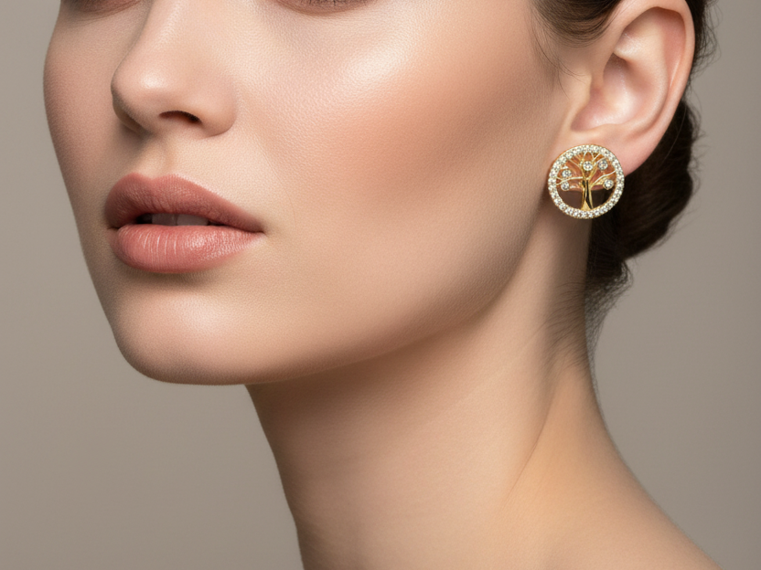 Gold Plated Silver Cz Stone Tree Of Life Earring