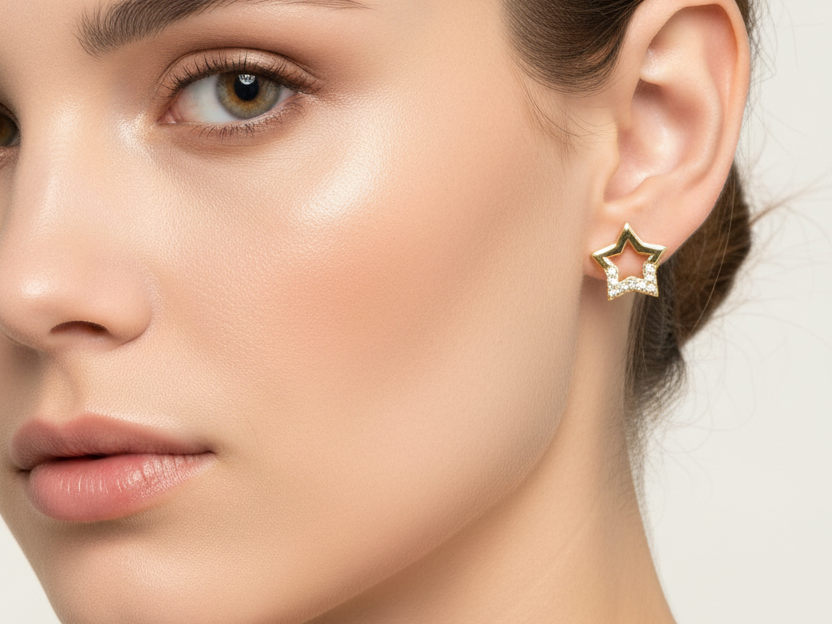 Gold Plated White Cz Silver Star Design Earring