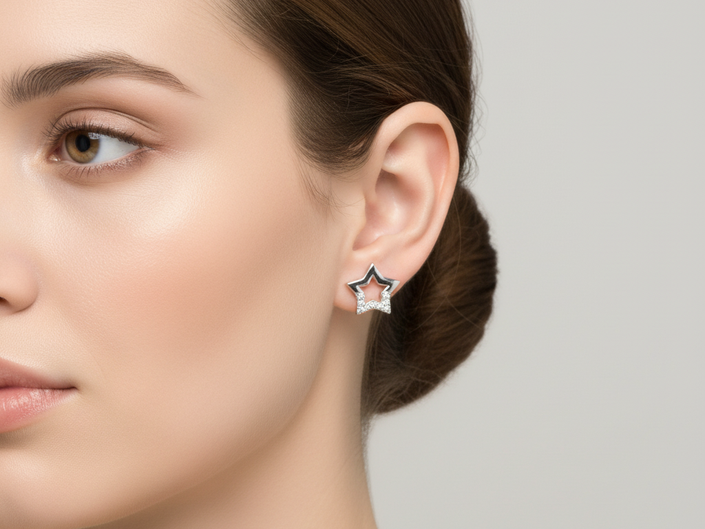 White Cz Silver Star Design Earring