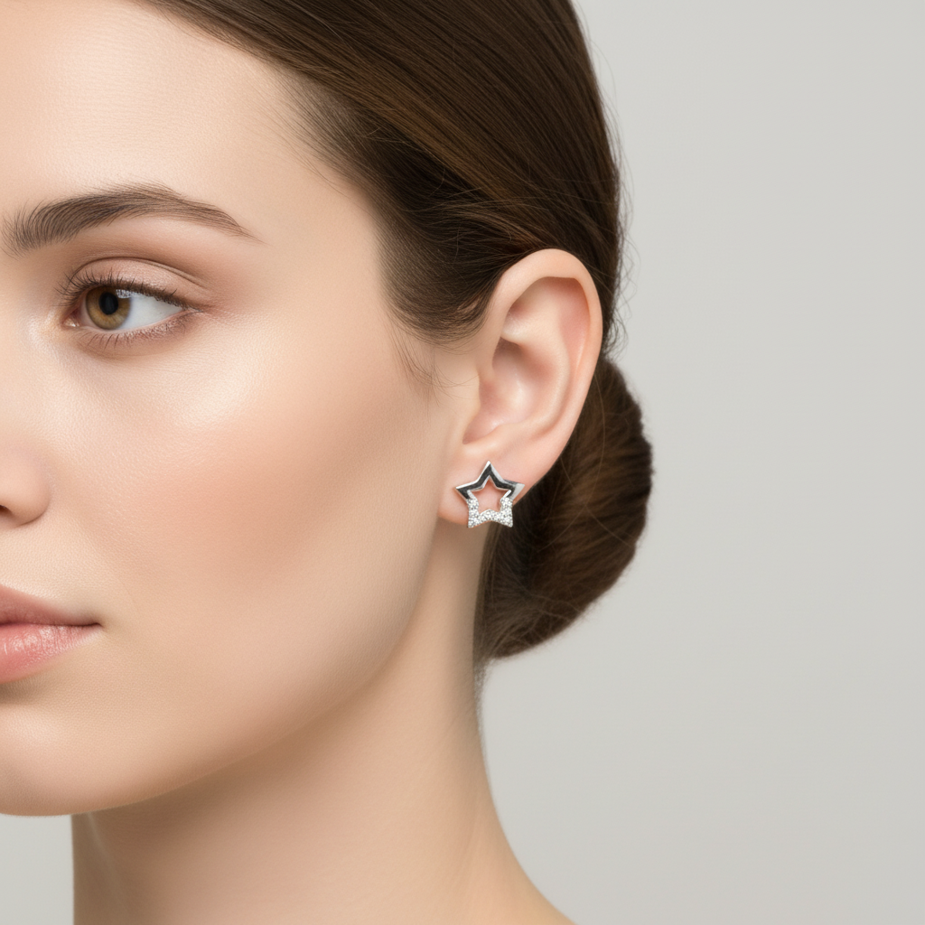 White Cz Silver Star Design Earring