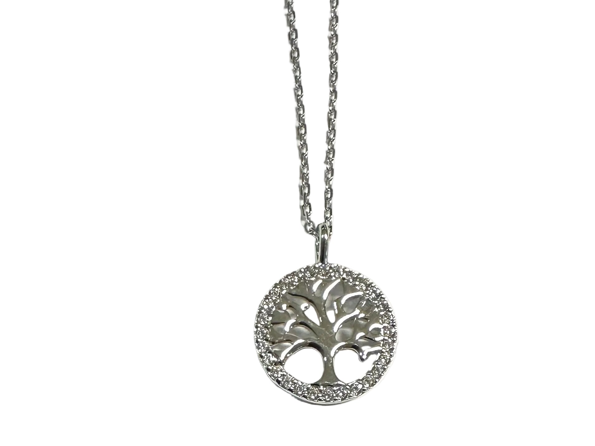 White Cubic Zirconia Silver Tree Of Life Necklace