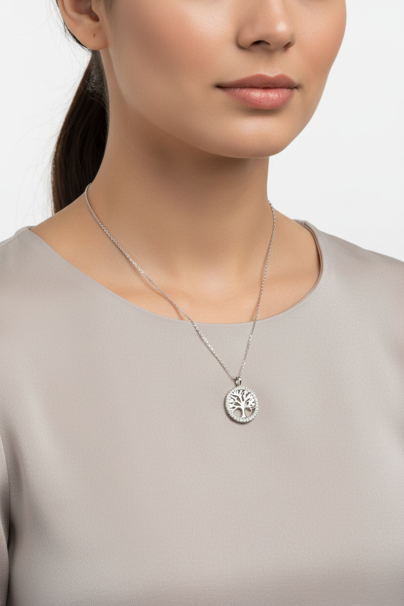 White Cubic Zirconia Silver Tree Of Life Necklace