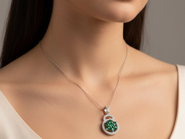 Emerald Green And White Cz Silver Pendant