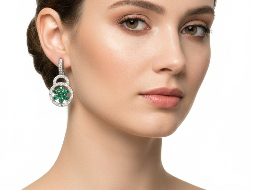 Emerald Green And White Cz Silver Earring