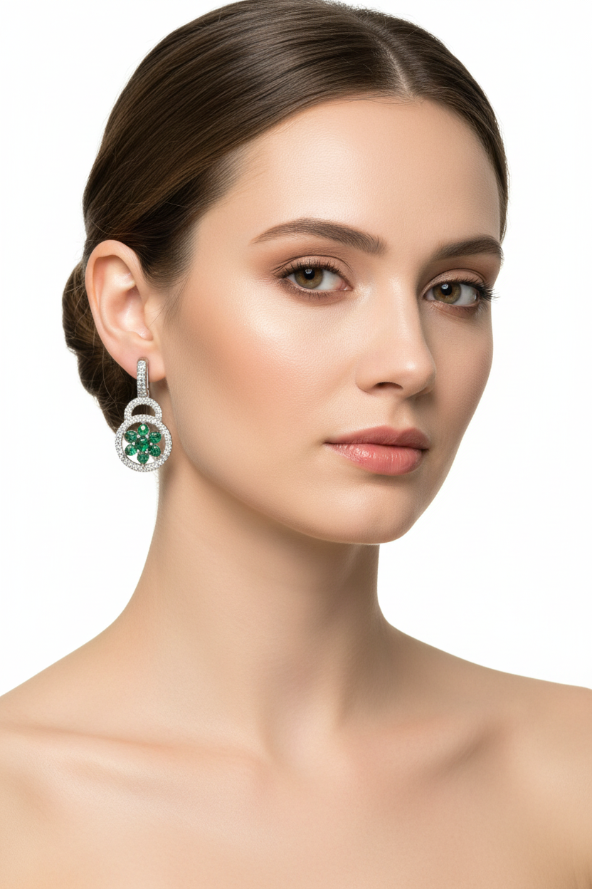 Emerald Green And White Cz Silver Pendant