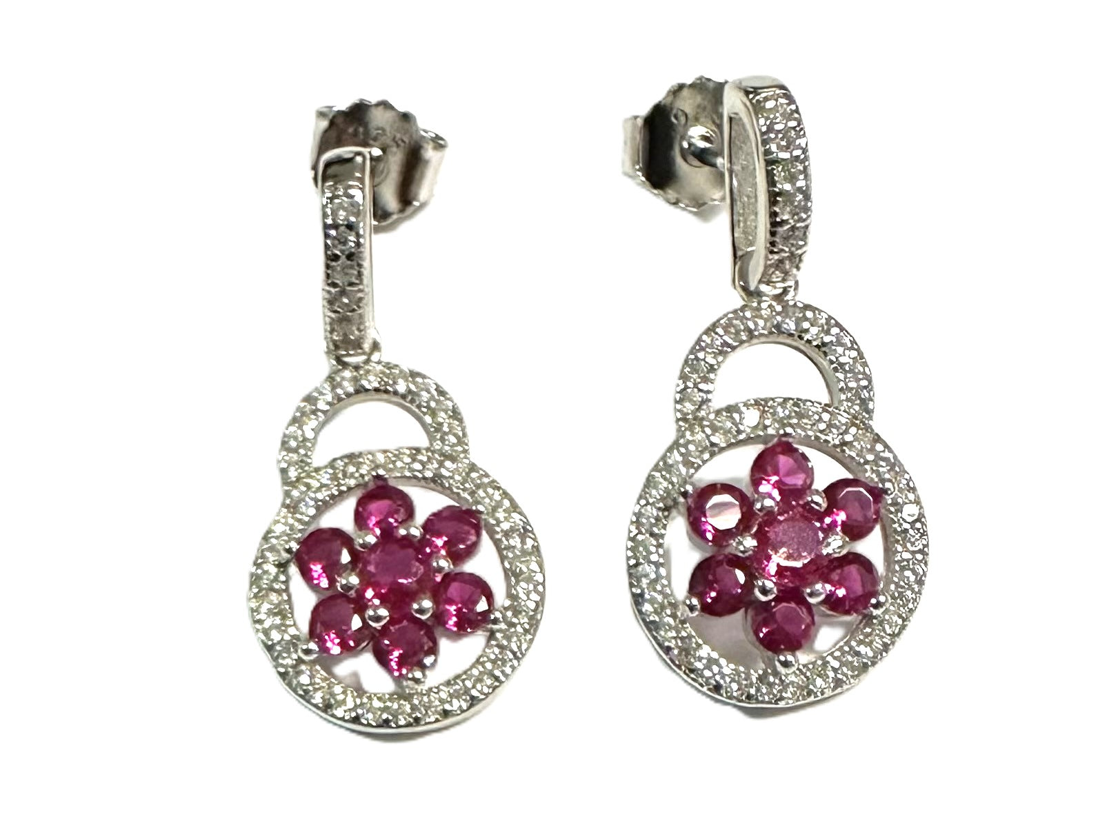 Ruby And White Cz Silver Earring
