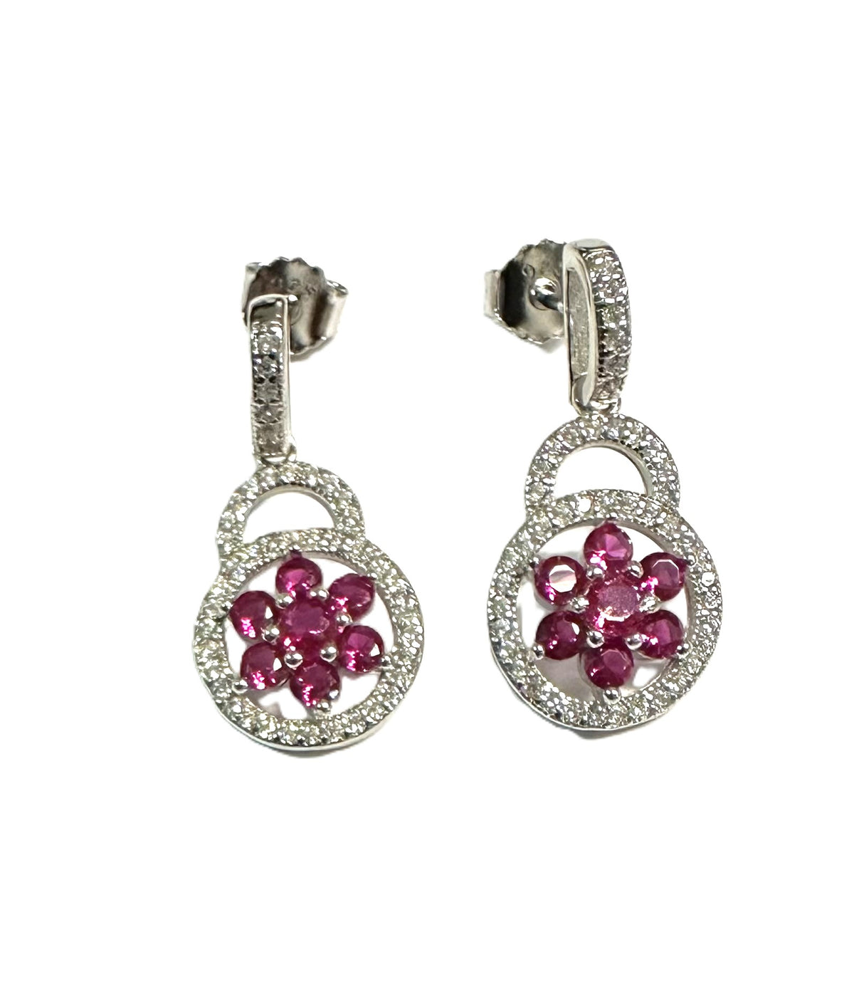 Ruby And White Cz Silver Earring
